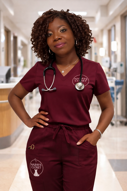 Burgundy zipper top / Straight leg scrub set