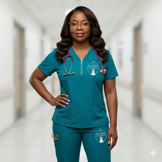 Zipper top/ teal scrub set/ straight legs
